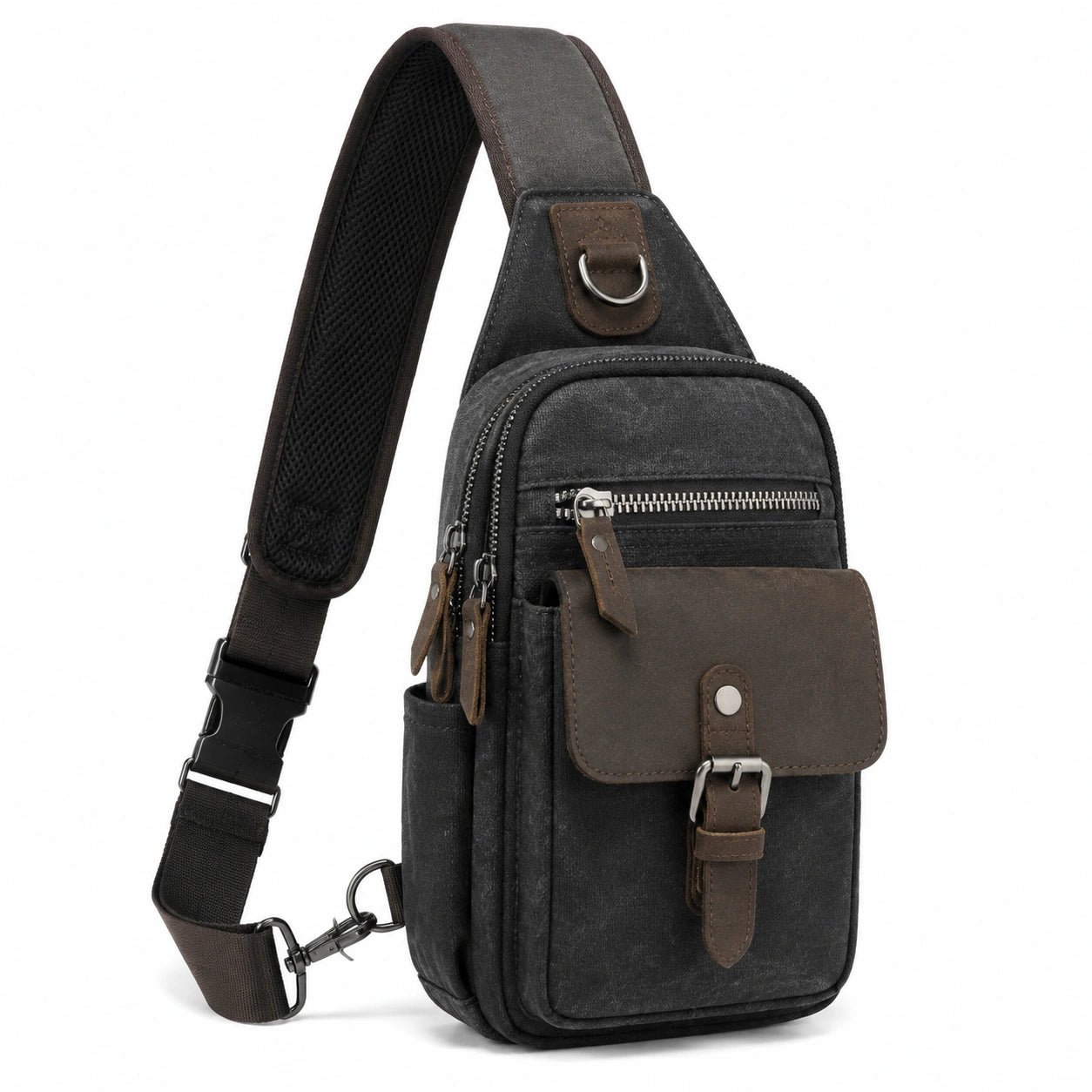 Borsa a tracolla 18 x 8 x 31 cm in tela nera e marrone con tasche multiple stile casual