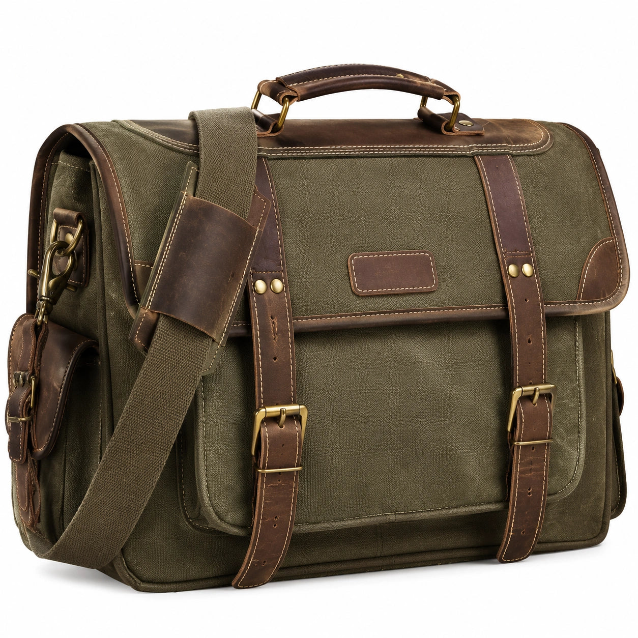 Borsa messenger 40 x 14 x 30 cm in tela verde e pelle marrone con tracolla regolabile