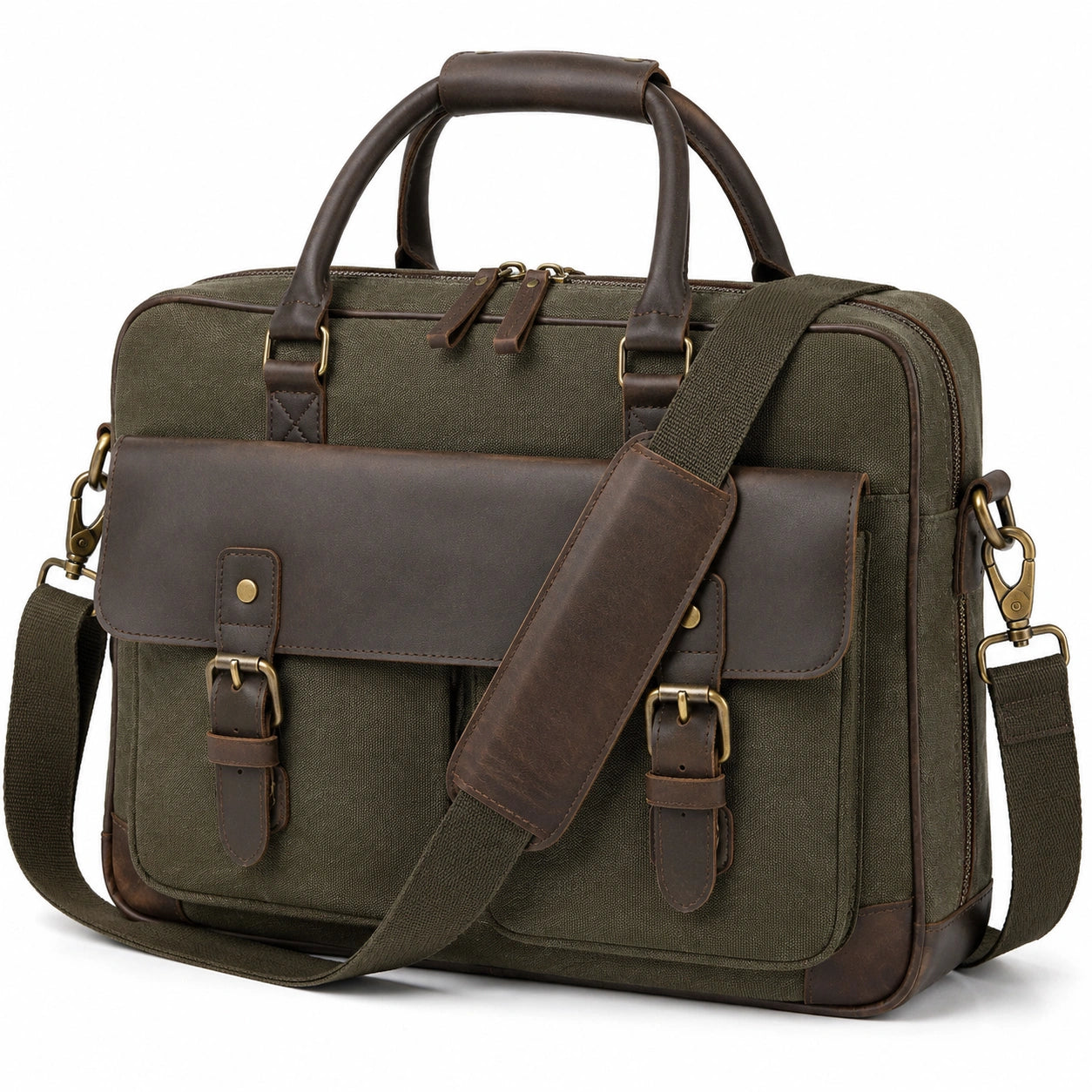 Borsa porta PC 42 cm in canvas verde oliva e similpelle marrone - tracolla regolabile stile vintage
