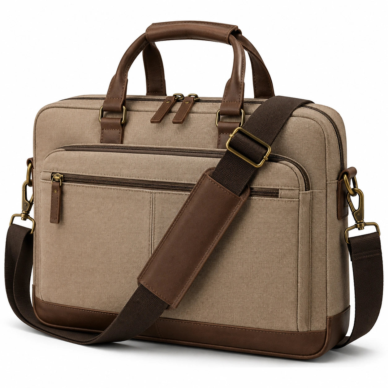 Borsa portadocumenti 40 × 30 × 10 cm in tessuto beige con dettagli marroni - stile classico a tracolla
