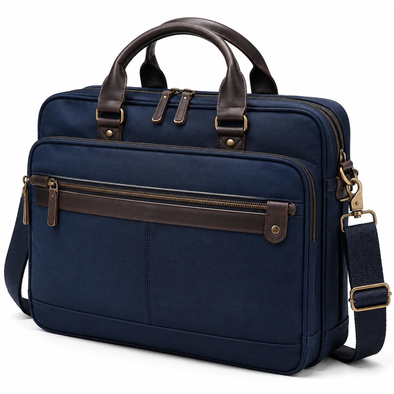 Borsa portadocumenti 42 x 10 x 32 cm in tessuto blu navy e similpelle marrone con tracolla regolabile