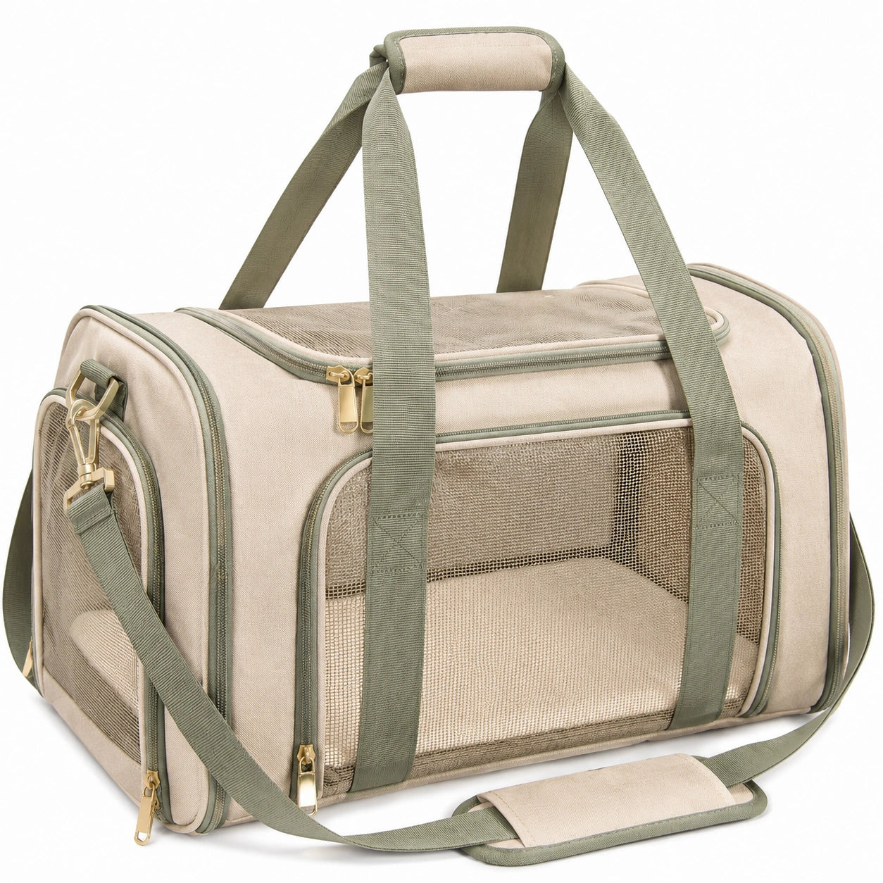Borsa trasportino per animali 45 cm × 28 cm × 30 cm in tessuto beige e verde salvia con rete - pieghevole con tracolla