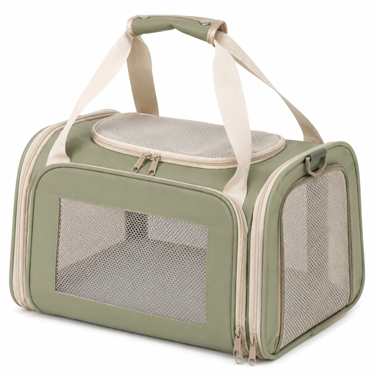 Borsa trasportino per animali 45×28×30 cm in tessuto verde salvia/beige con rete - pieghevole e ventilata