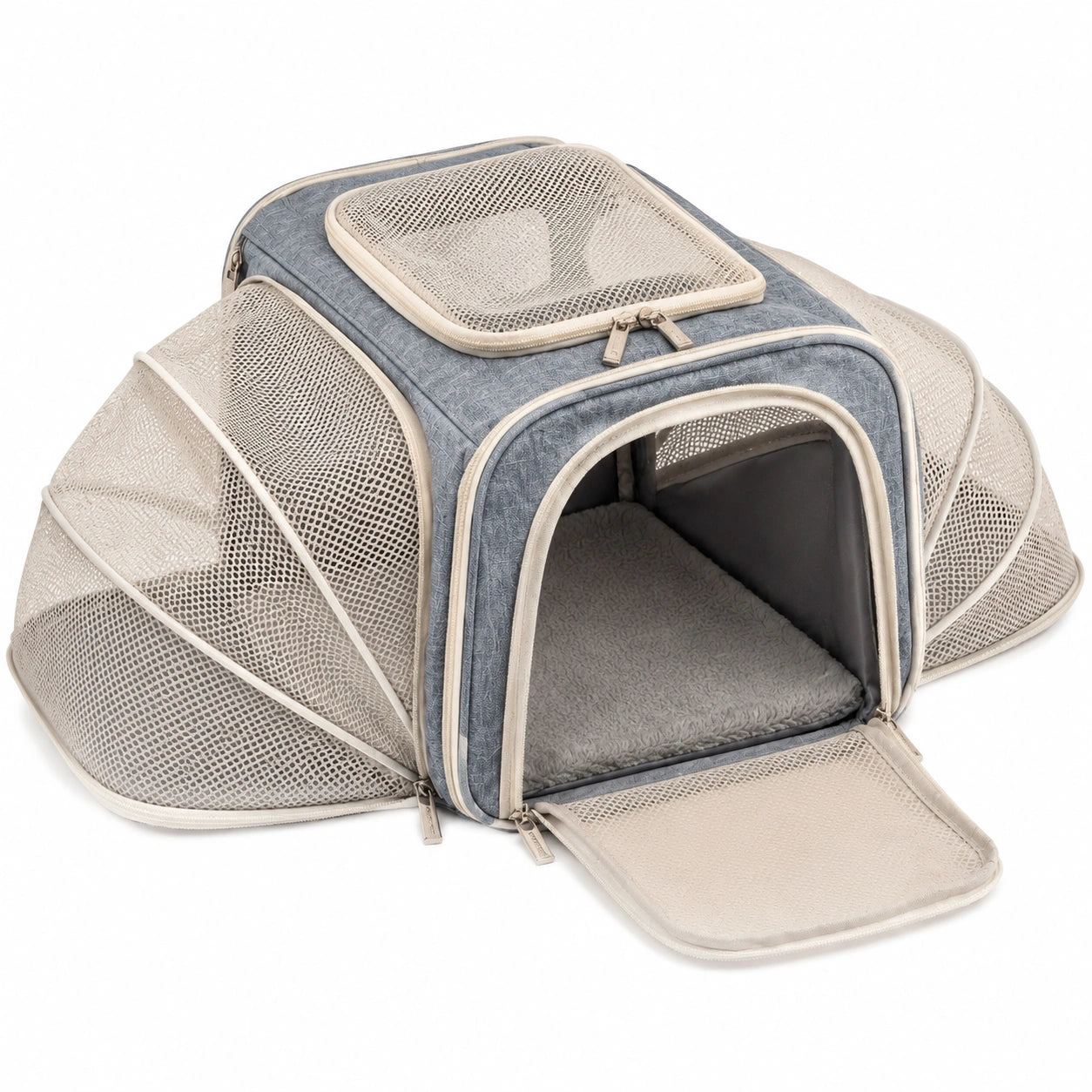 Trasportino per animali 46 x 28 x 28 cm in tessuto e rete grigio beige - pieghevole con lati espandibili